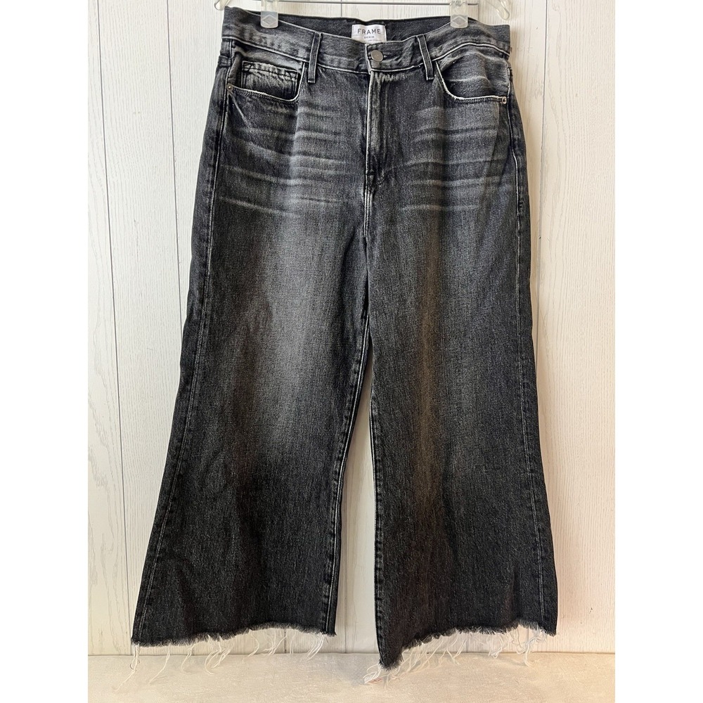 Frame Denim Jeans Cropped Wide Leg‎ Sz 31 Raw Hem Soft Black MSRP $350
